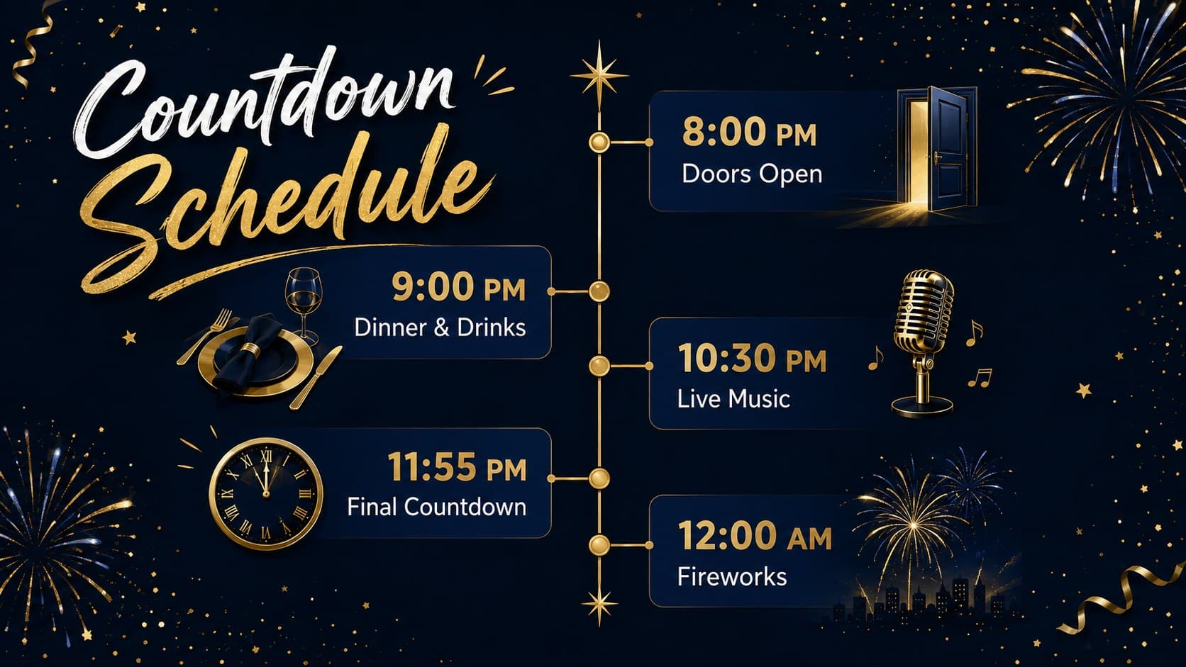 New Year's Eve party schedule slide with a vertical gold timeline and blue illustrated celebration icons.