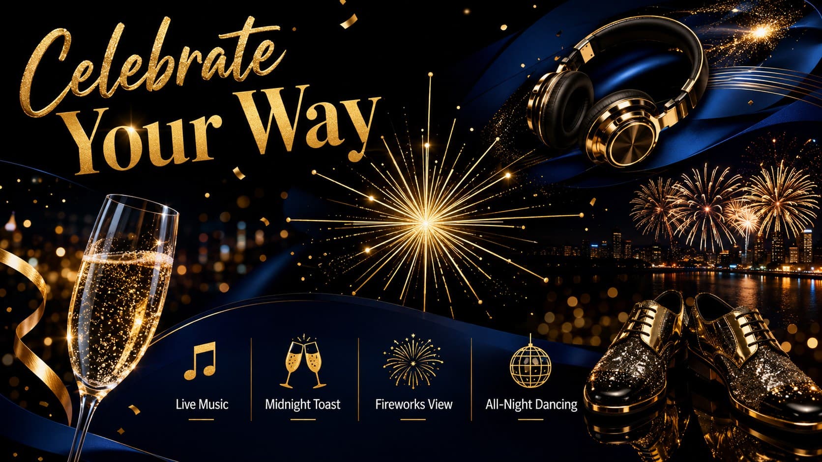 Black, blue, and gold party highlights slide featuring music, refreshments, fireworks, and dancing.