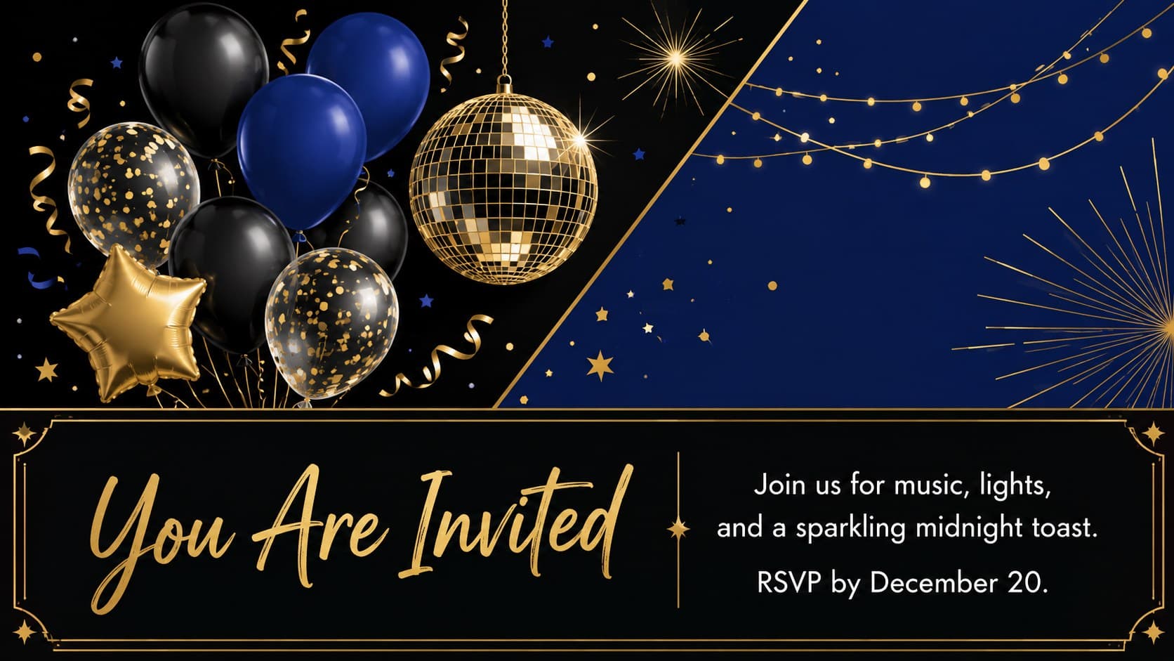 Elegant blue and gold countdown party invitation slide with RSVP information and original festive illustrations.