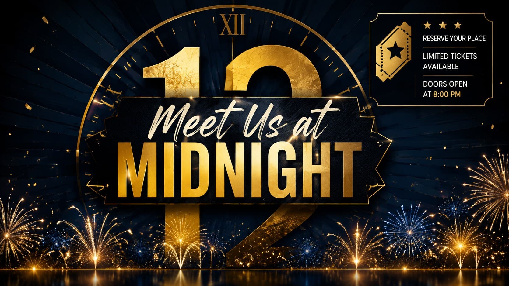 Final midnight celebration reminder slide with a gold countdown clock, fireworks, ticket details, and a blue night backdrop.