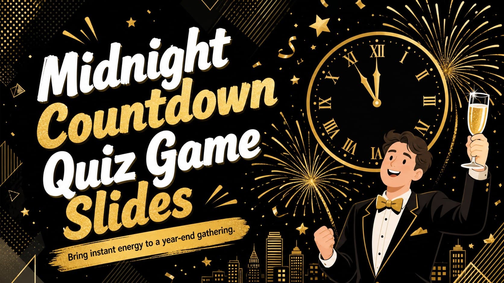 Cover for Midnight Countdown Quiz Game Slides with a gold clock, fireworks, confetti, and bold lettering on a black background.