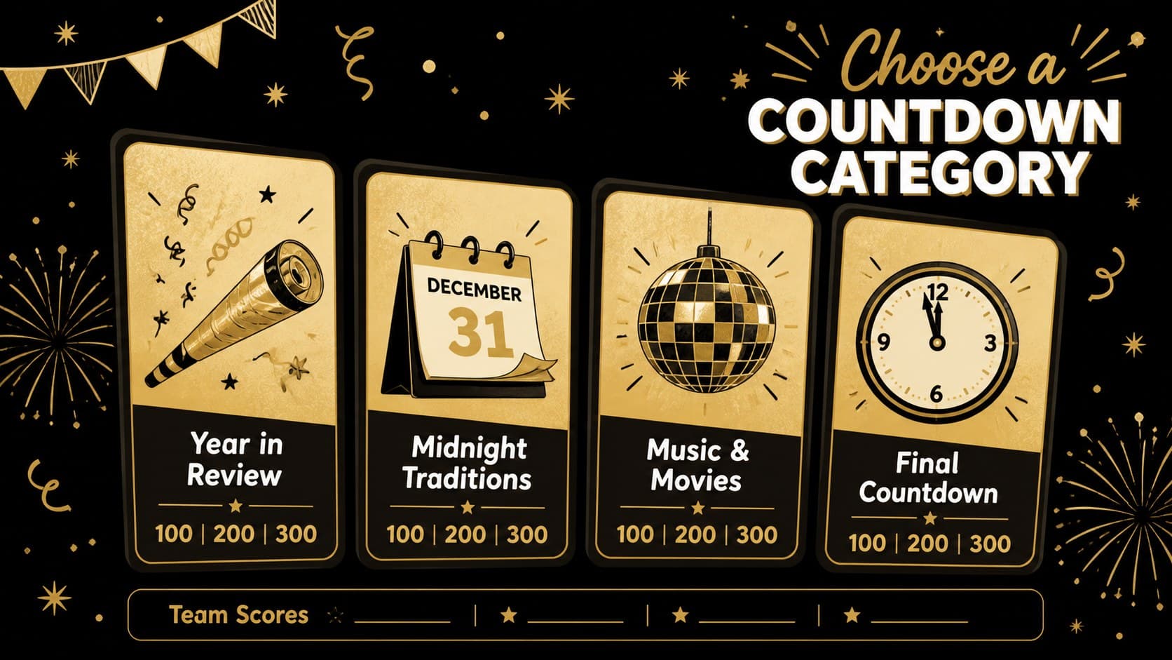Gold-and-black New Year's Eve trivia category board with four illustrated quiz topics and point values.