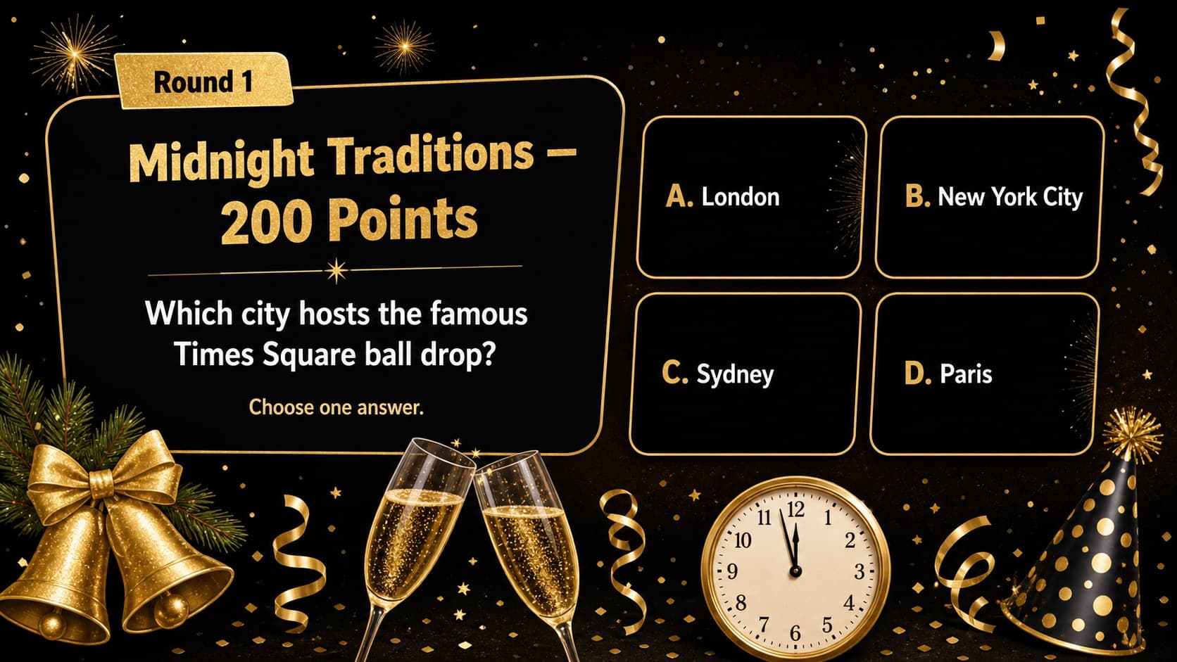 Editable year-end quiz presentation question slide featuring a midnight traditions prompt and four answer choices.