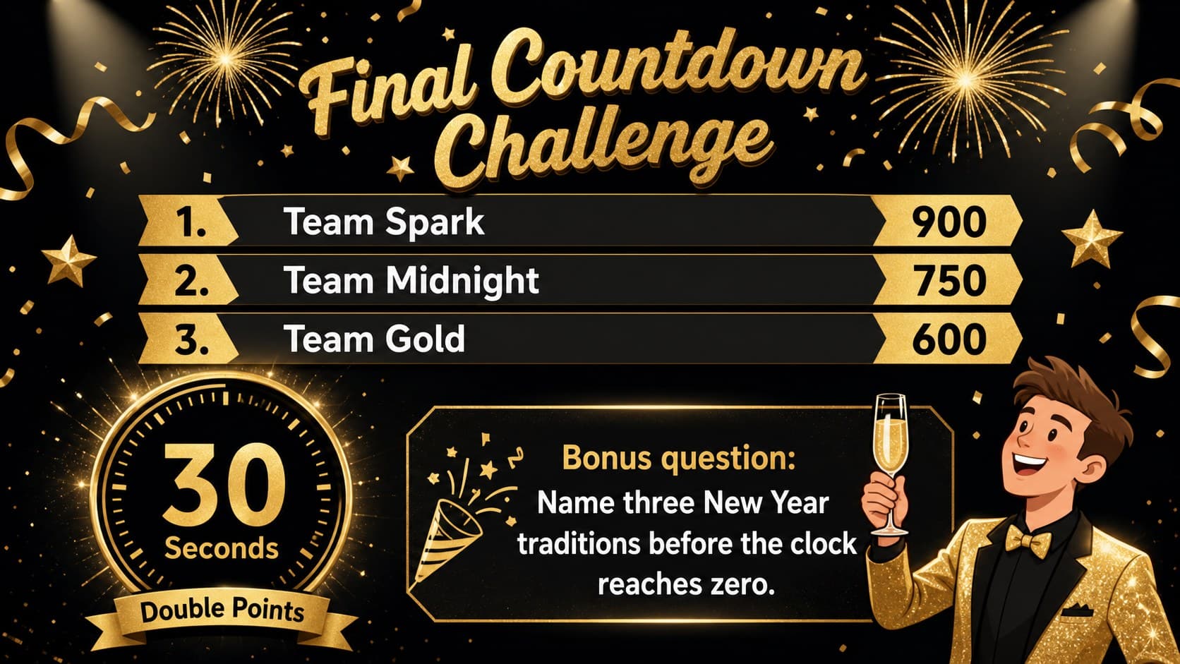Midnight party scoring template with team rankings, a final bonus challenge, and festive gold confetti.