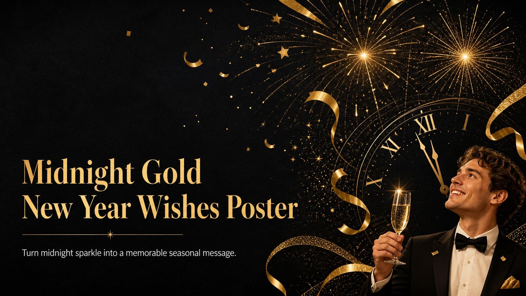 Midnight Gold New Year Wishes Poster cover with gold fireworks, stars, and celebratory details on a black background.