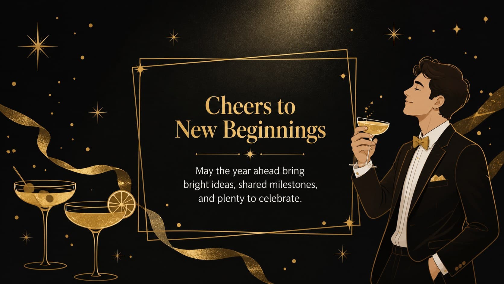 Black and gold New Year poster featuring a celebratory message with champagne glasses, streamers, and small stars.
