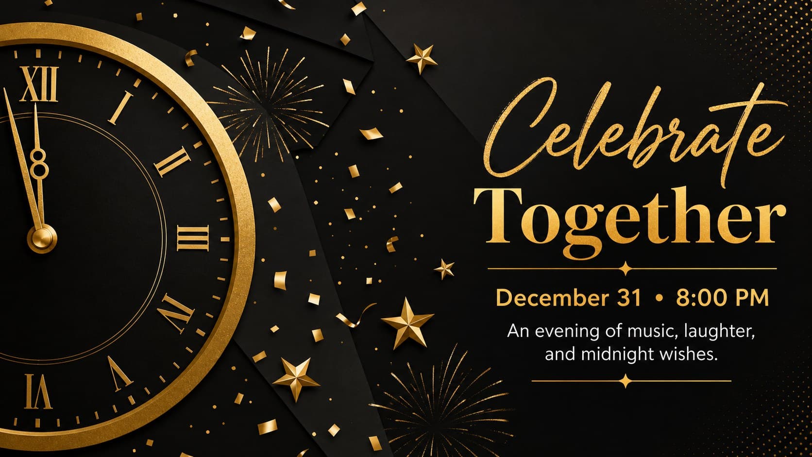 Editable New Year greeting slide with a gold countdown clock, confetti, and an invitation message on a dark background.