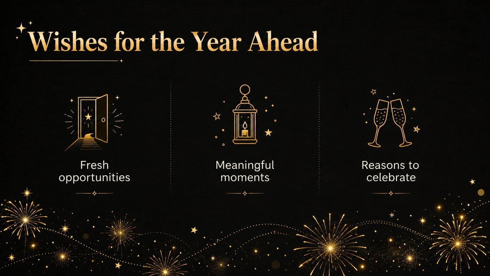 Festive New Year party slide presenting three hopeful wishes with gold icons and fireworks against black.