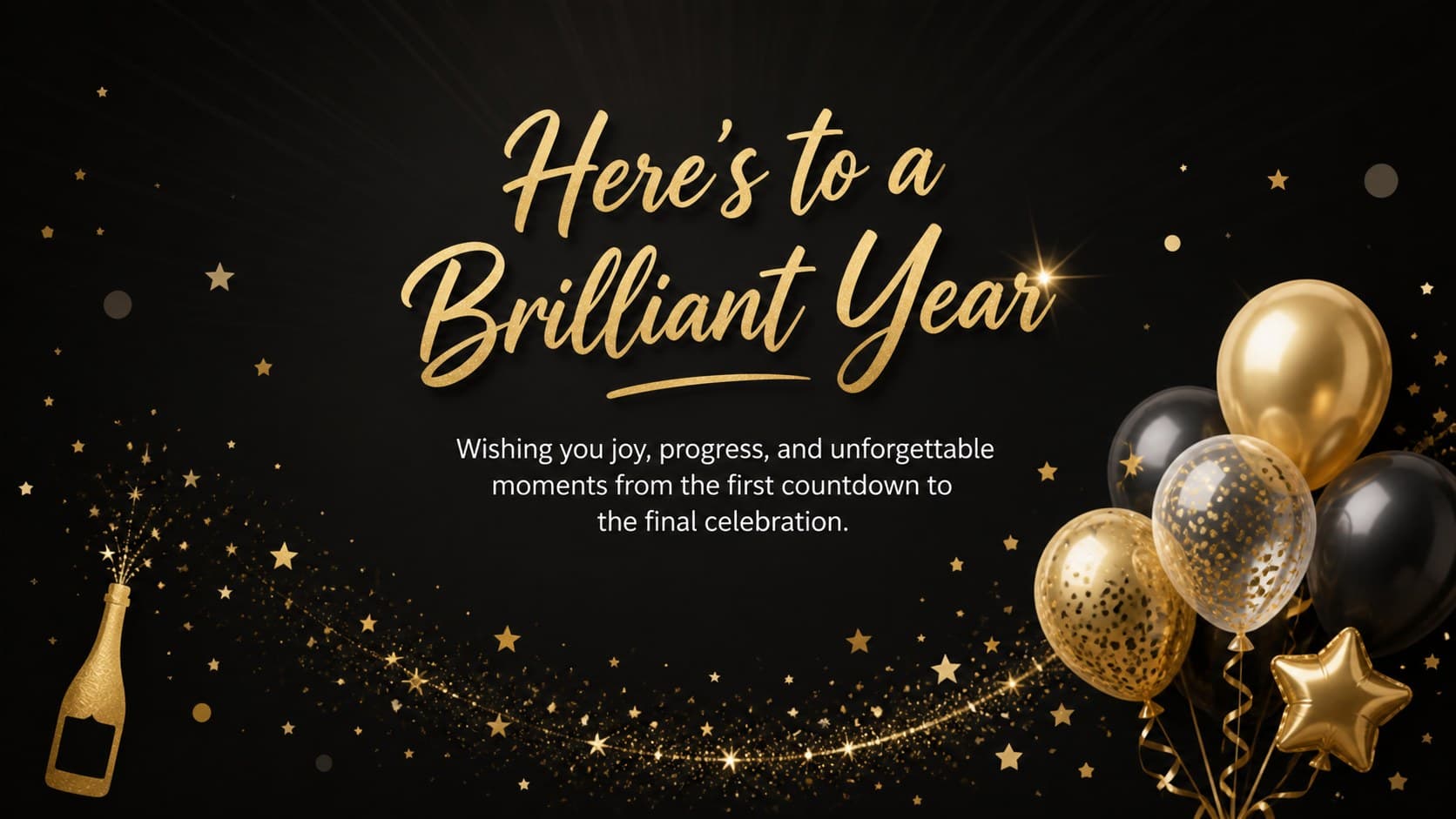 Elegant New Year message poster closing with a gold toast, balloons, and sparkling confetti on a midnight background.