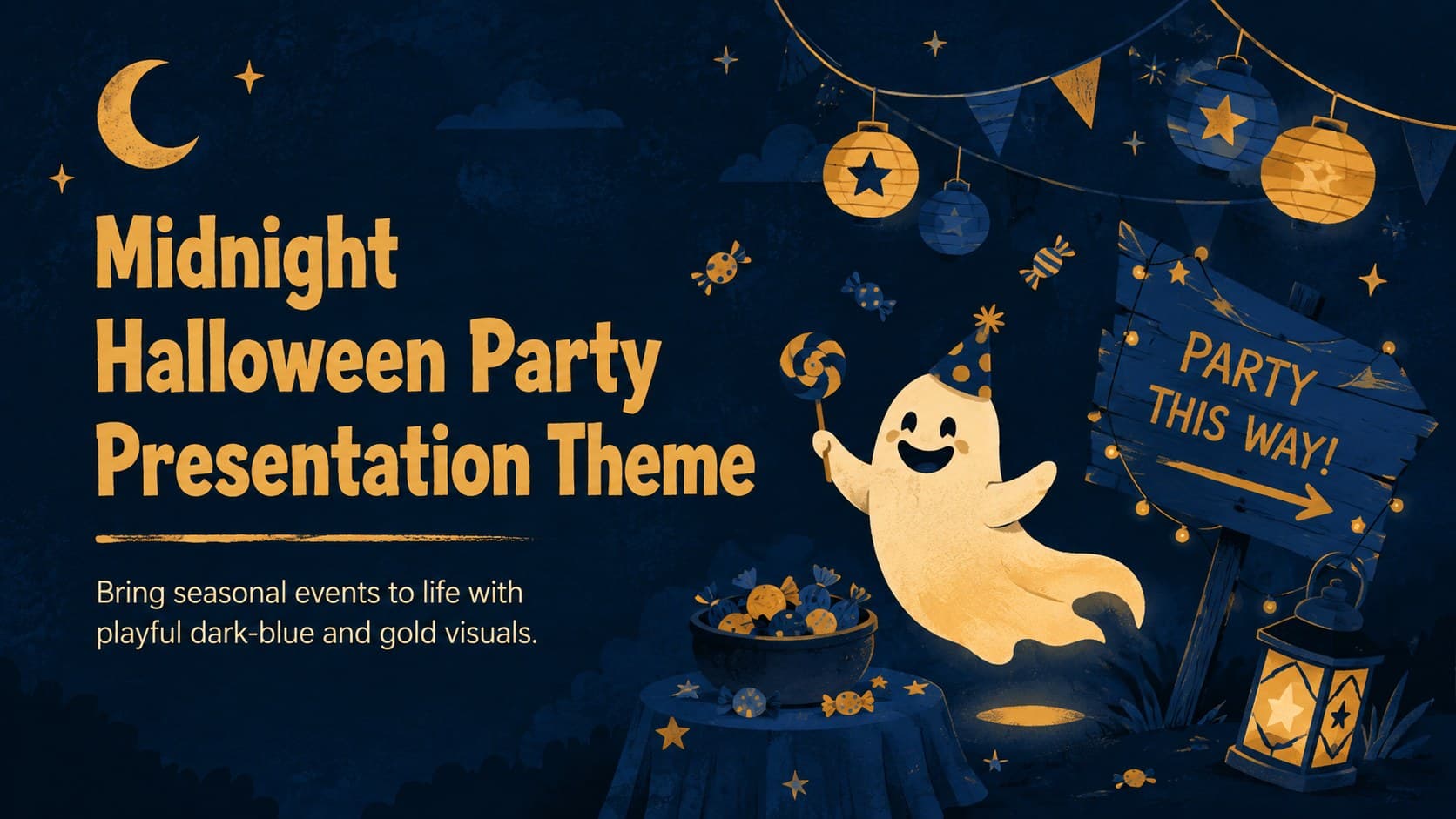Cover of the Midnight Halloween Party Presentation Theme with a golden moon, playful ghosts, and dark-blue illustrated scenery.