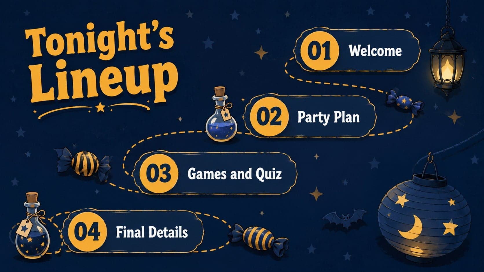 Dark-blue Halloween presentation agenda featuring four gold-numbered sections and whimsical seasonal illustrations.