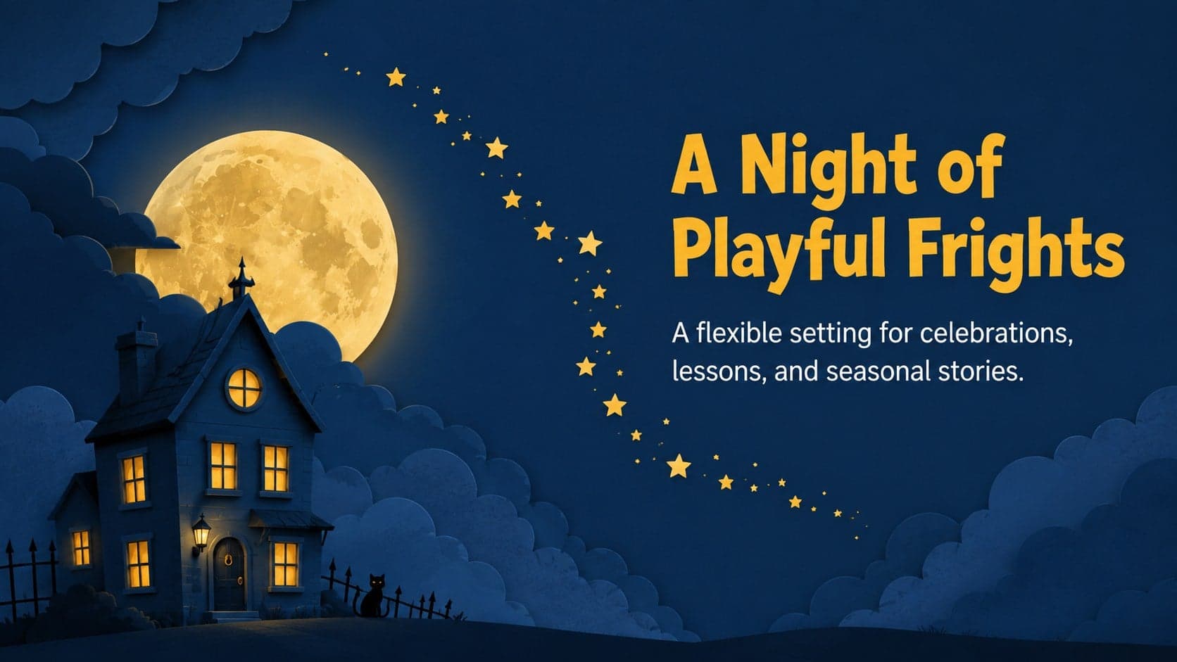 Illustrated Halloween section opener with a moonlit house and the headline A Night of Playful Frights.