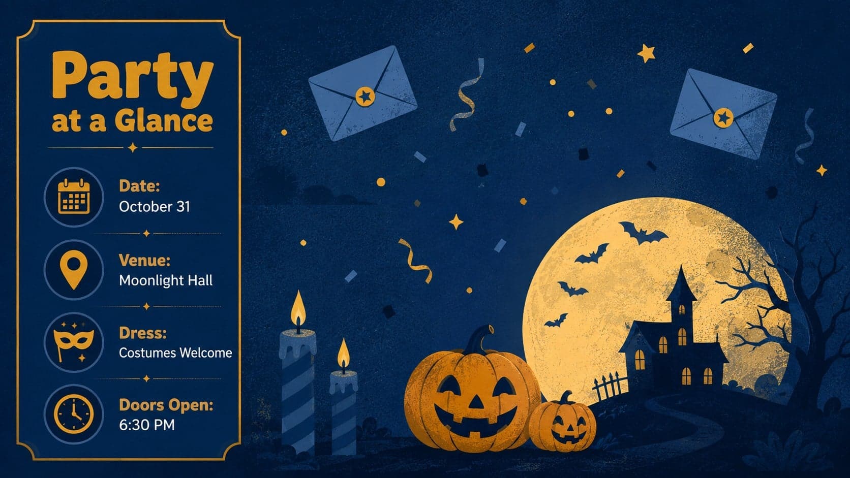 Halloween event overview slide with illustrated date, venue, dress code, and welcome details.