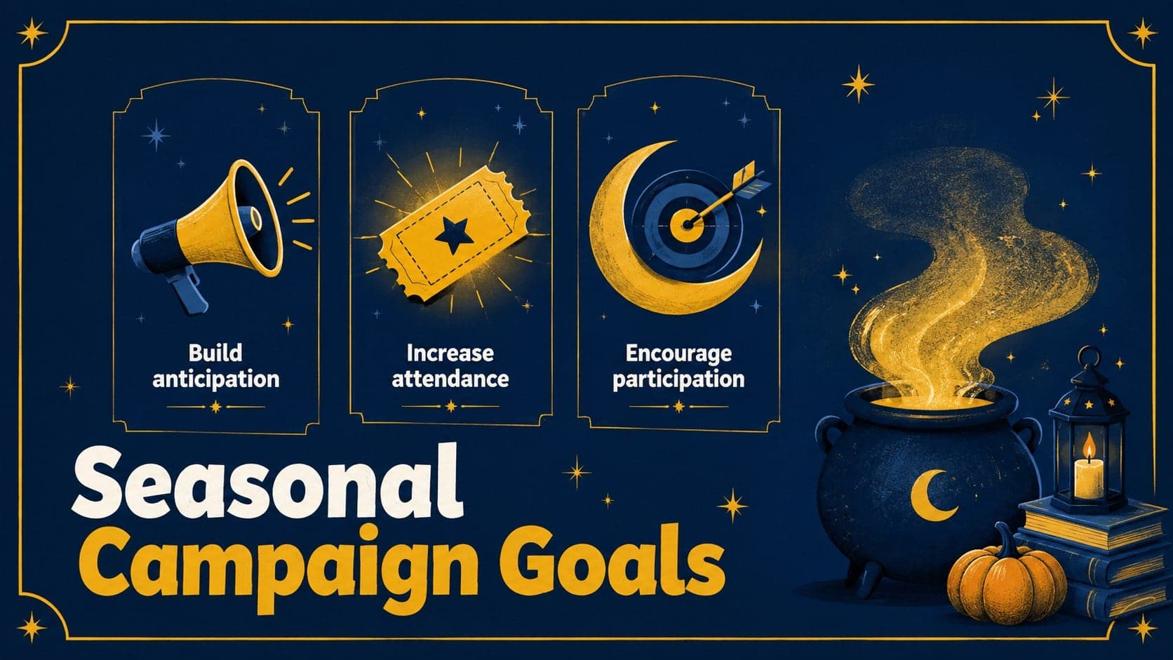 Seasonal campaign goals slide with three illustrated objectives in a navy and gold Halloween design.
