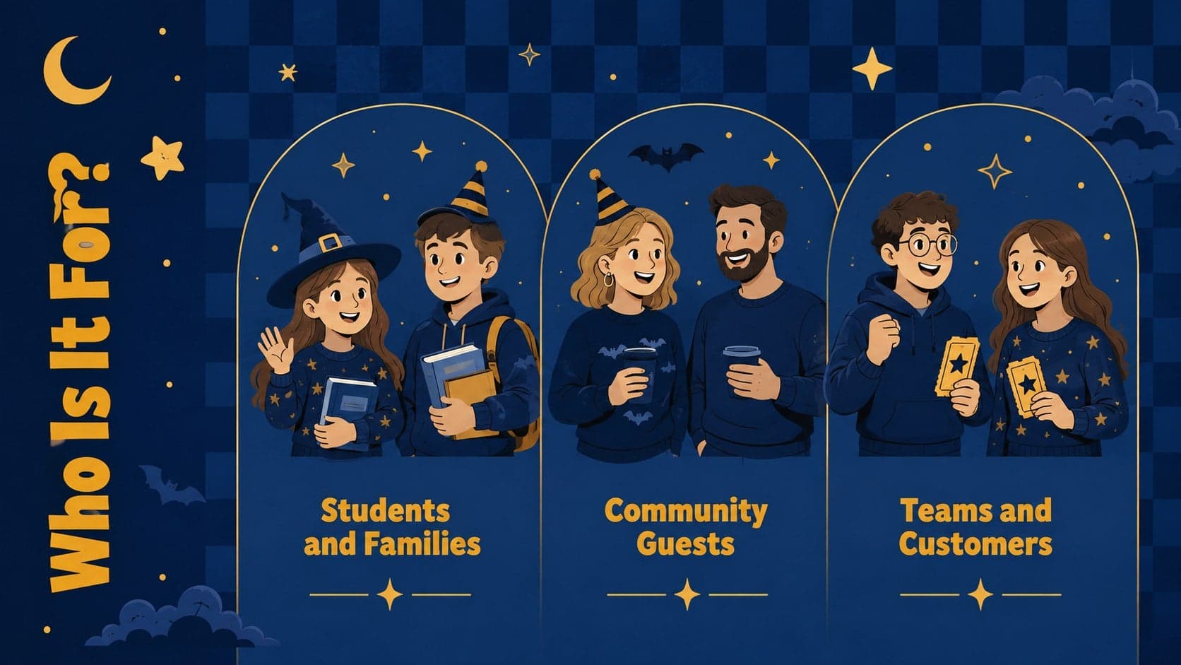 Halloween audience slide showing three attendee groups with original moonlit character illustrations.