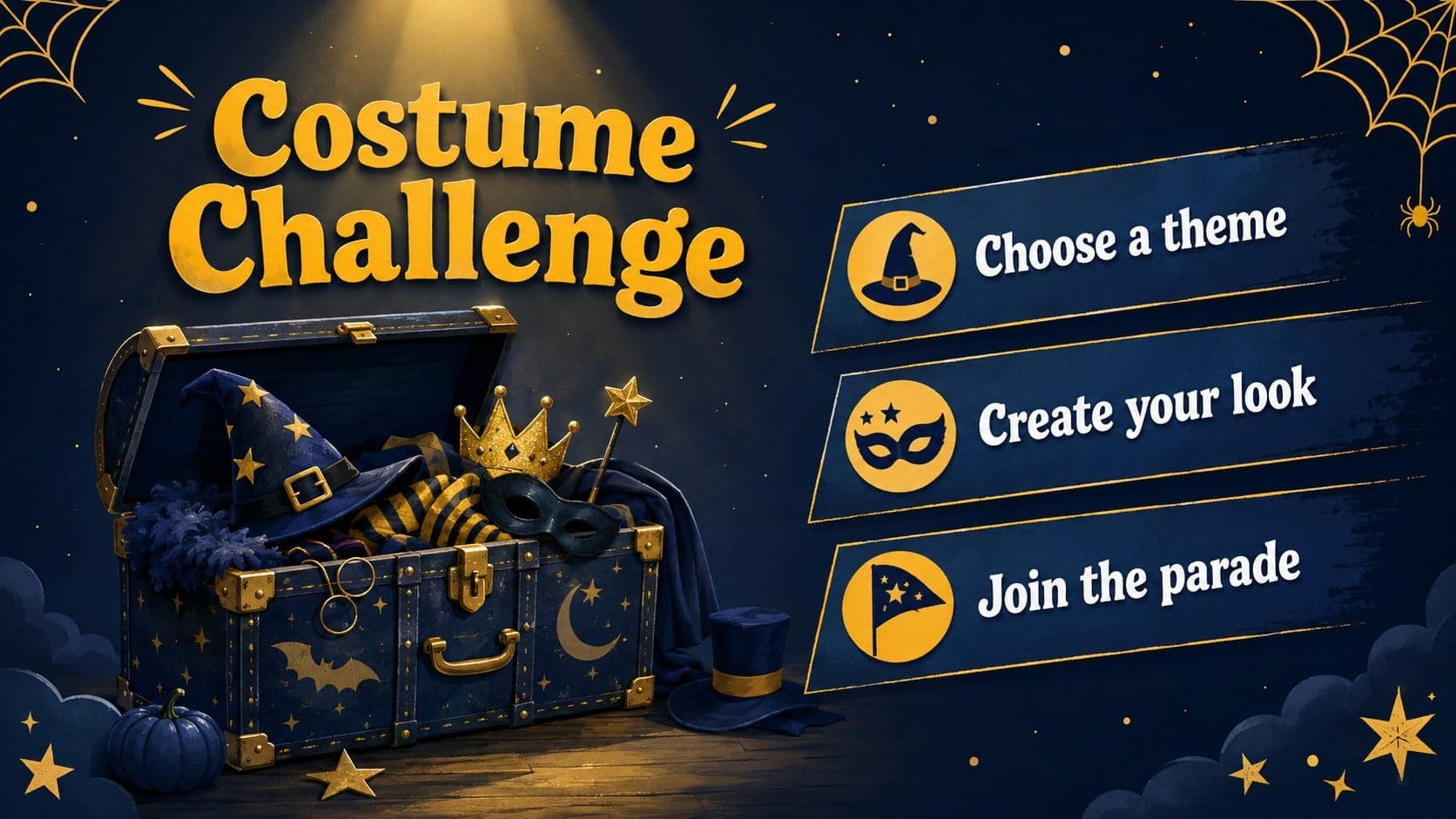 Interactive Halloween party activity slide featuring a costume challenge and three simple participation steps.