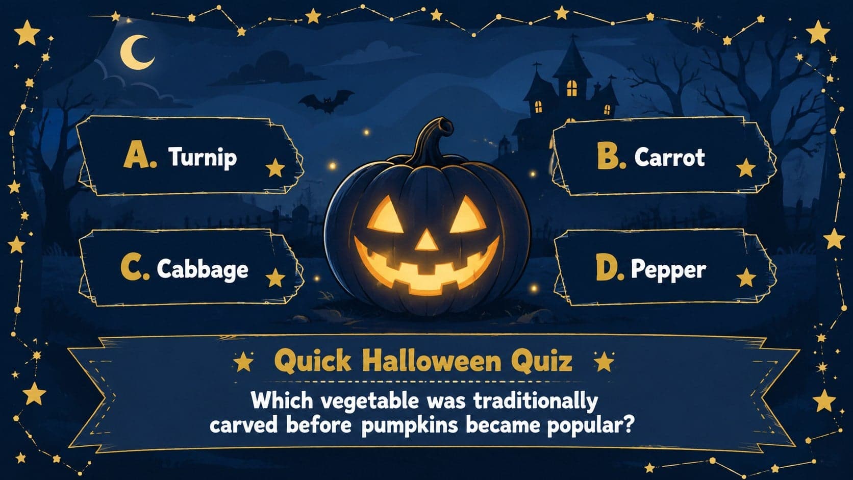 Classroom Halloween quiz deck slide asking a multiple-choice question about jack-o'-lantern traditions.