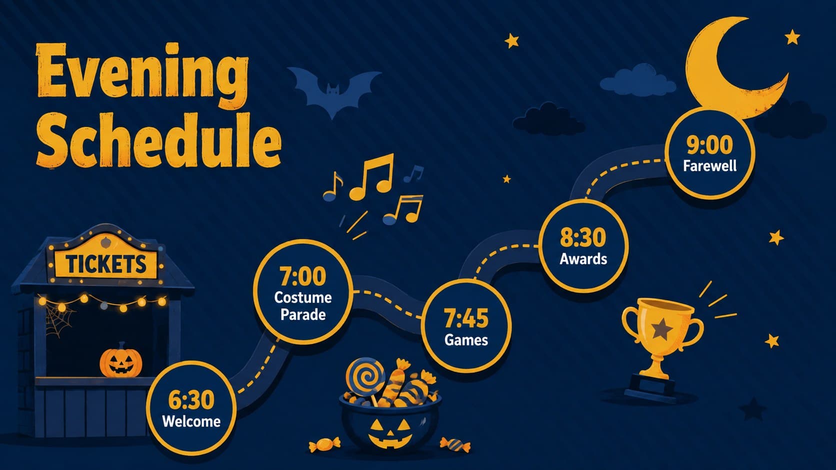Halloween event schedule with five timed activities arranged along a winding golden path.