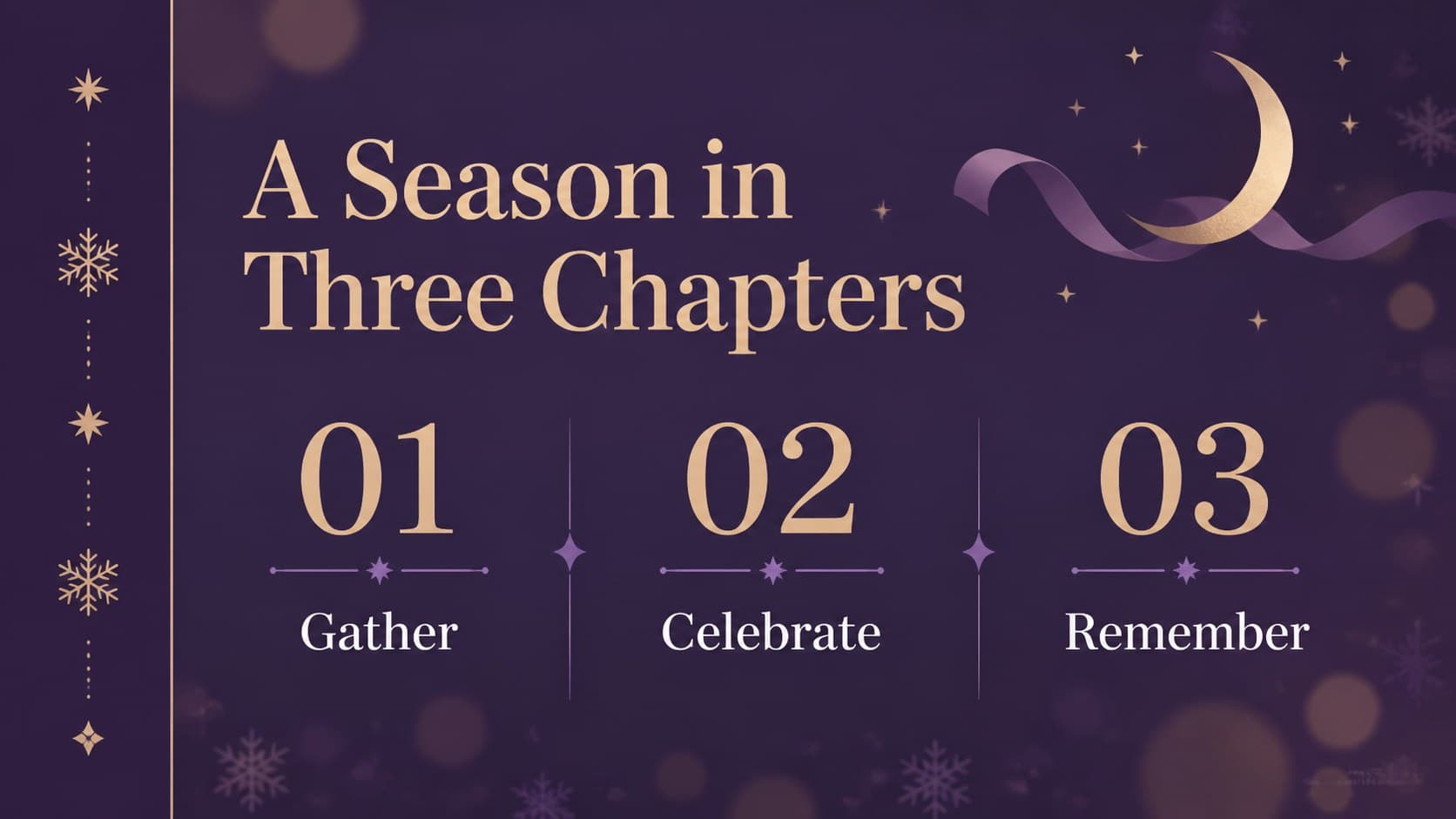 Agenda slide outlining a holiday photo slideshow story with a dark violet background and festive accents.