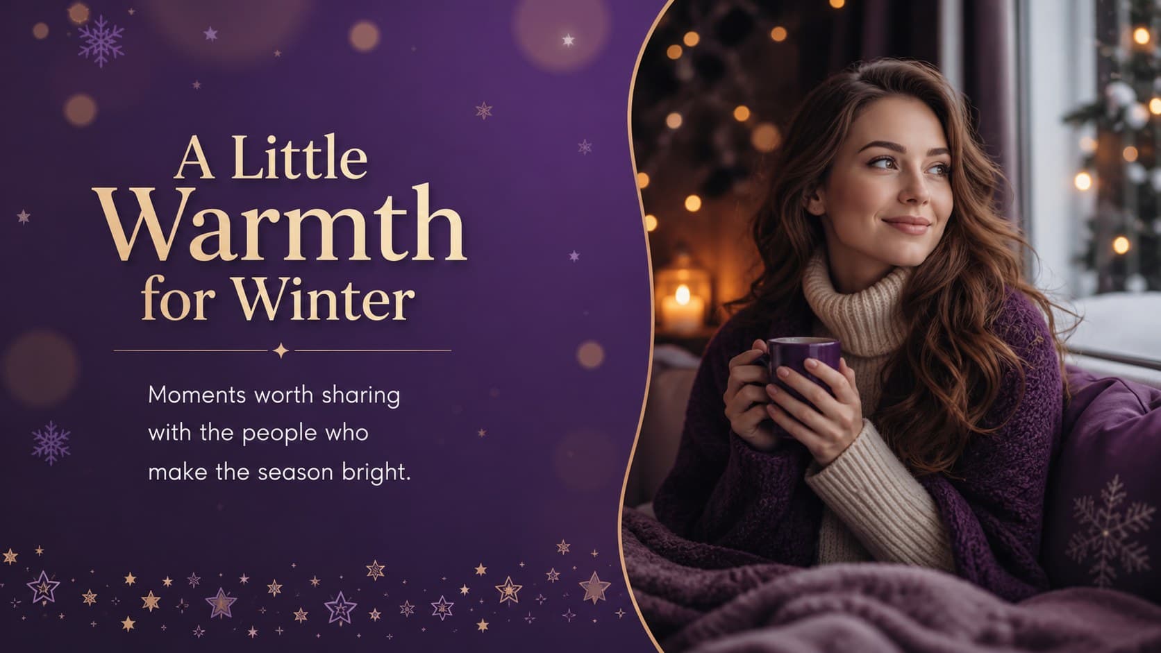 Seasonal introduction slide presenting a family holiday greeting deck with a large photo area and violet details.