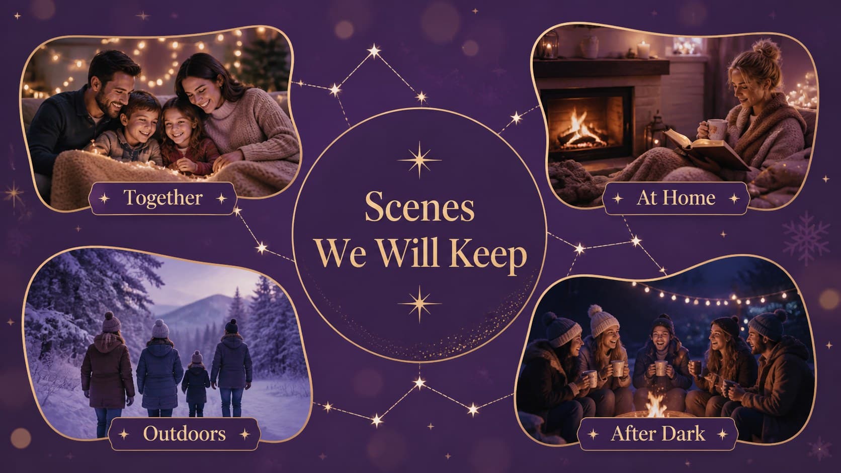 Photo collage slide for a winter celebration presentation showing multiple editable memory frames.