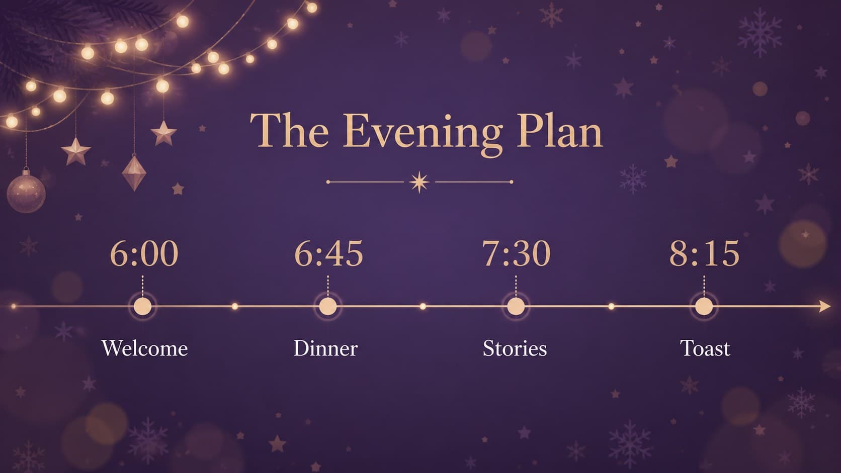 Holiday event schedule slide with a violet timeline for a Christmas party planning presentation.
