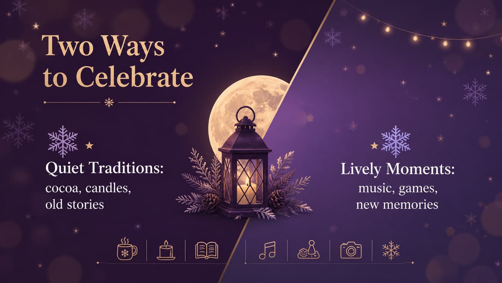 Two-column comparison slide contrasting quiet traditions and lively celebrations in a violet holiday deck.