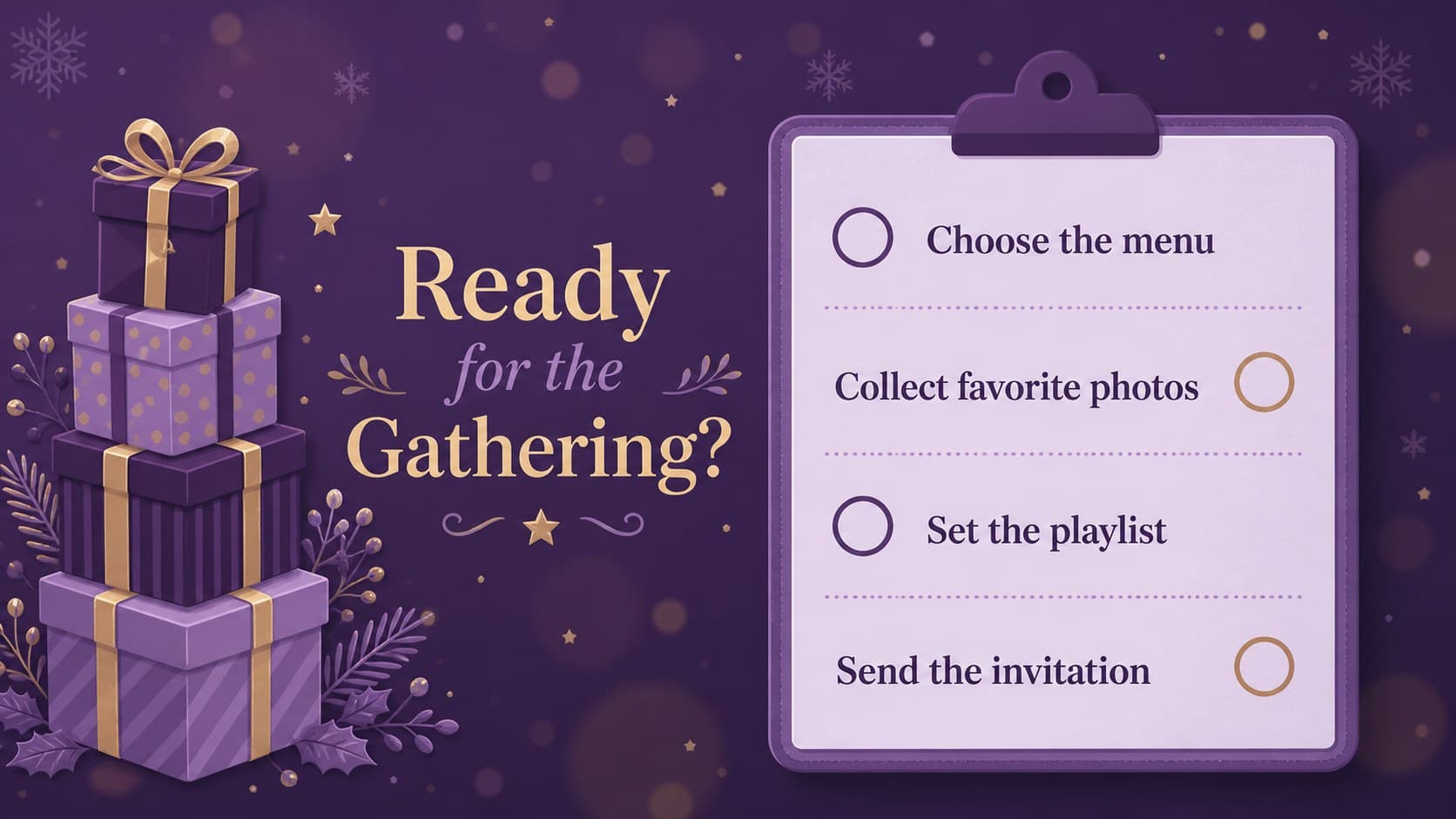 Holiday checklist slide for organizing a family celebration with editable violet checklist items.