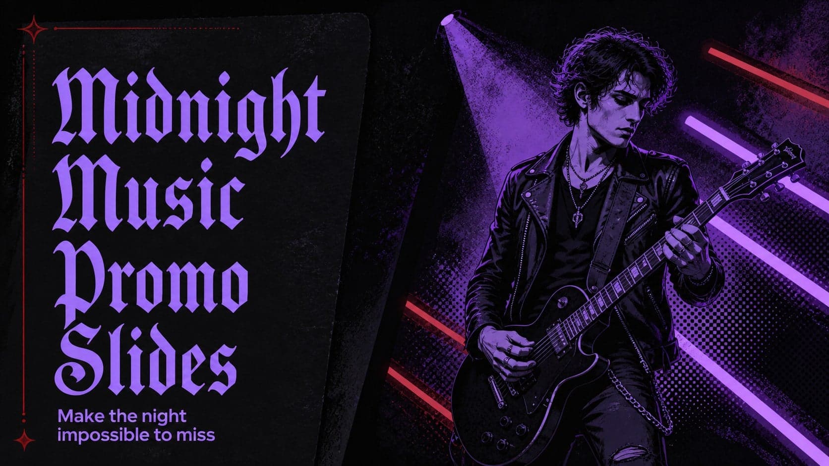 Dark purple and black cover slide for midnight music promo slides featuring a dramatic concert announcement.