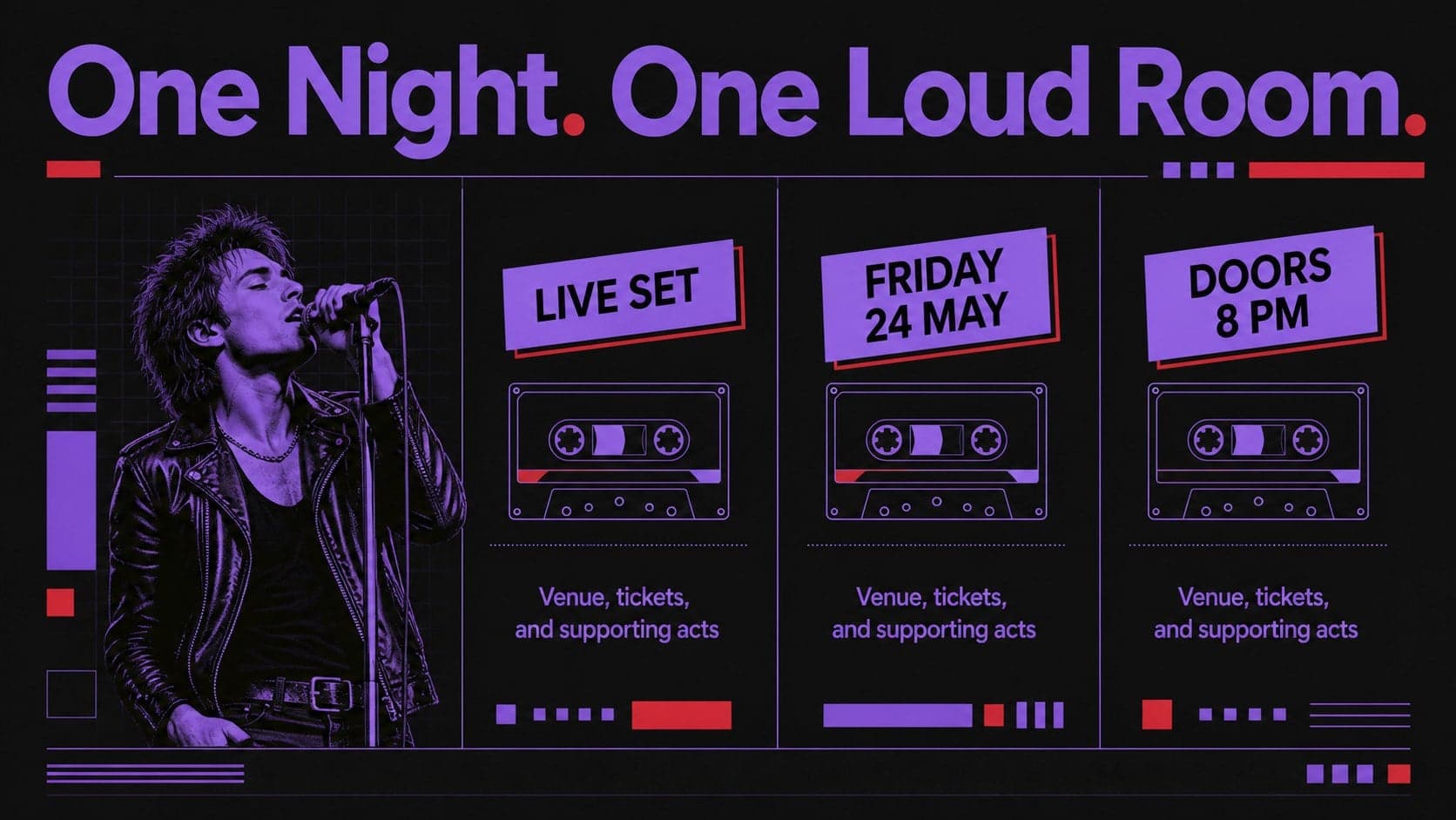 Purple-and-black event information slide presenting a concert lineup and venue details in an editable nightlife deck.