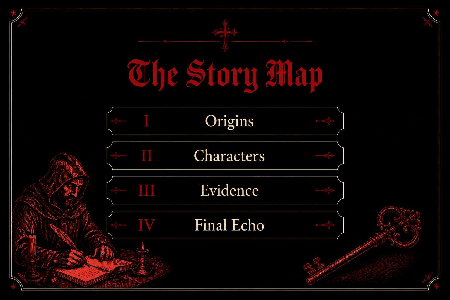 Agenda slide outlining chapters and themes in a black medieval presentation theme.