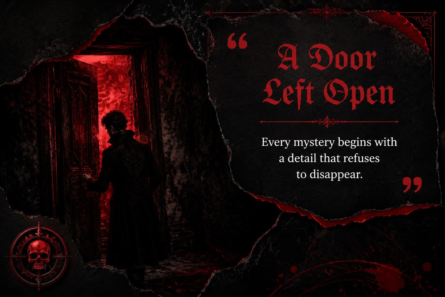 Opening narrative slide from a dark literature lesson slides collection with an ornate skull emblem.