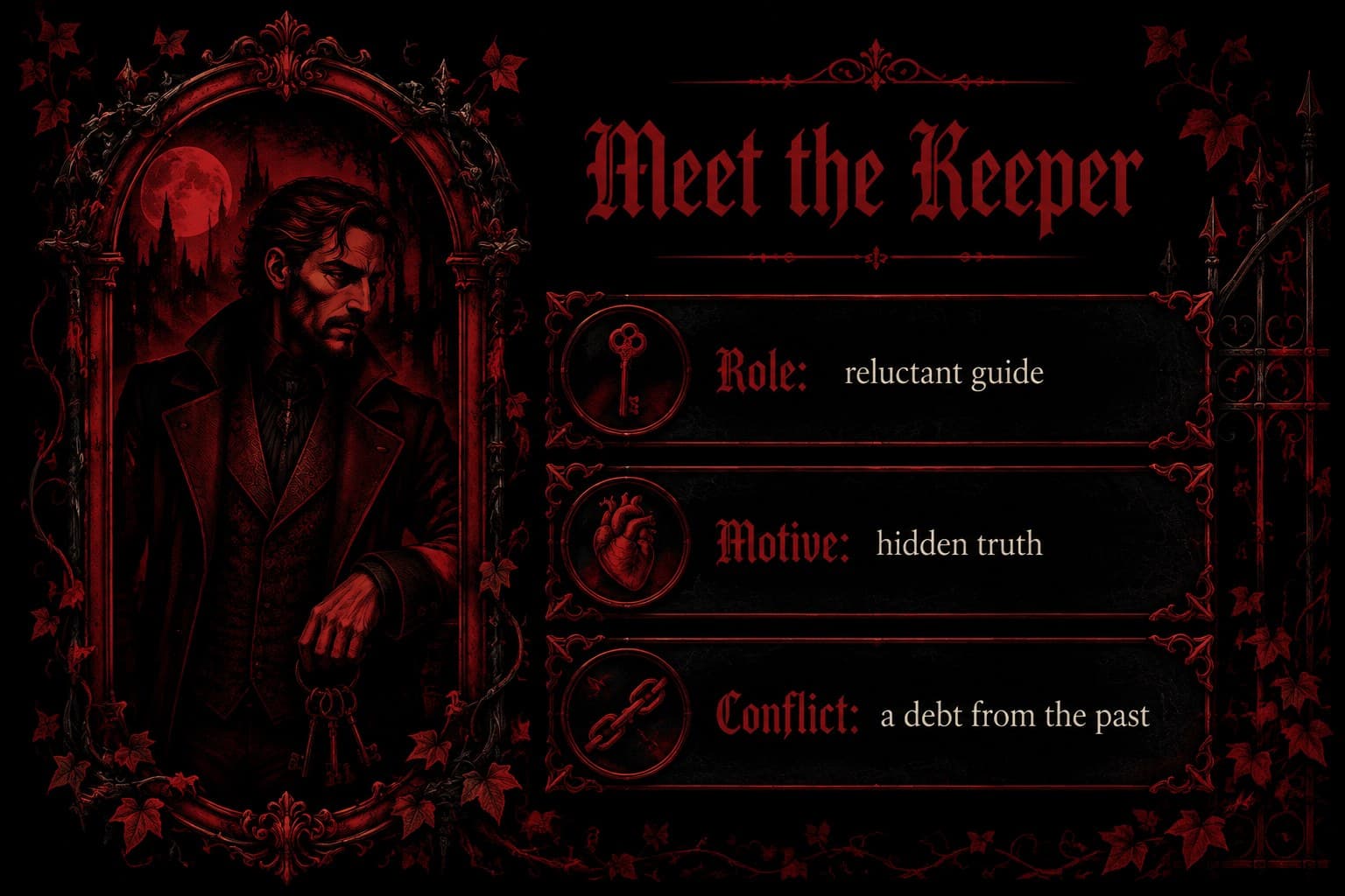 Character profile layout in a gothic fiction presentation template with framed text and antique motifs.