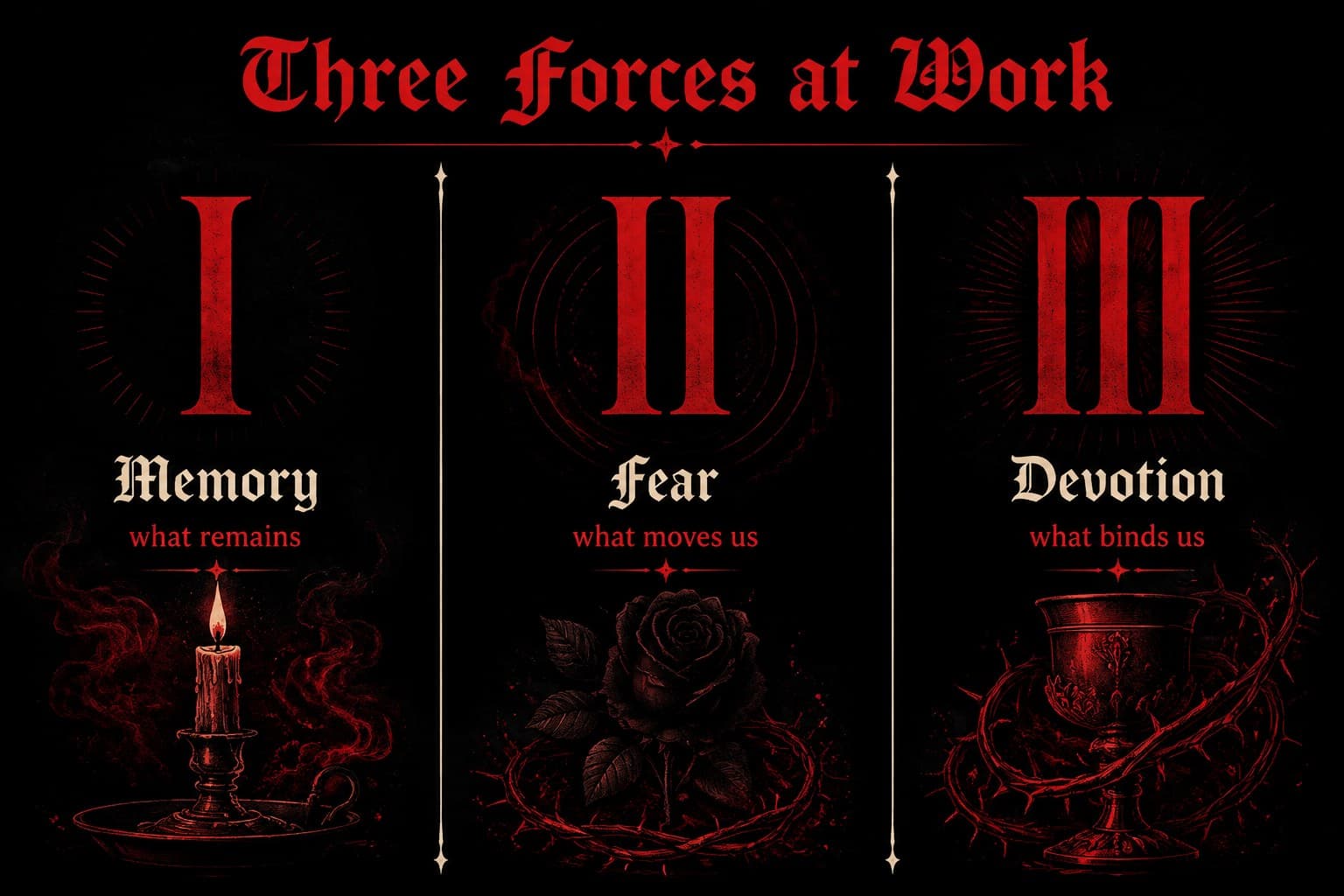 Theme analysis slide for a dark literature lesson using black panels and vintage gothic decoration.