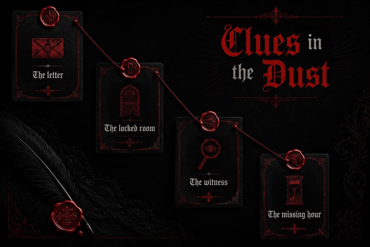 Evidence board slide in a gothic storytelling slide deck with vintage frames and black paper texture.