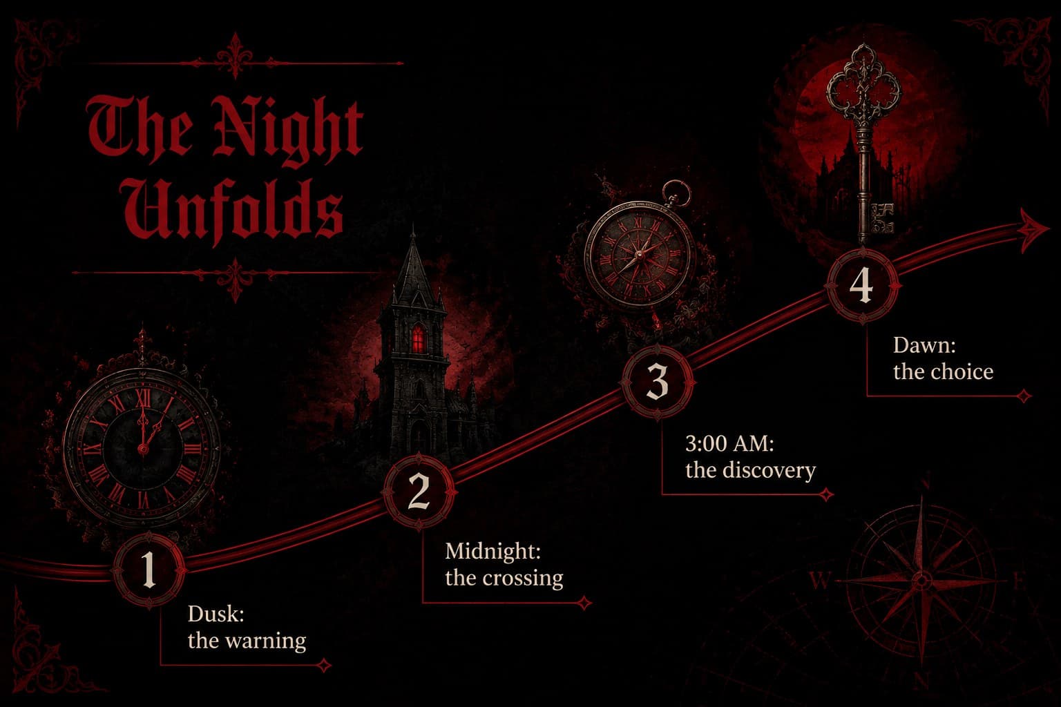 Timeline slide tracing a mysterious event sequence for a gothic fiction presentation template.
