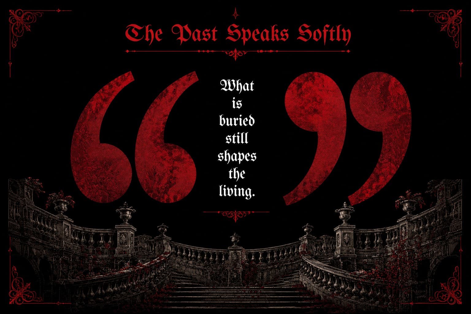 Quote slide with dramatic typography and ornate black artwork for a vintage gothic slideshow theme.