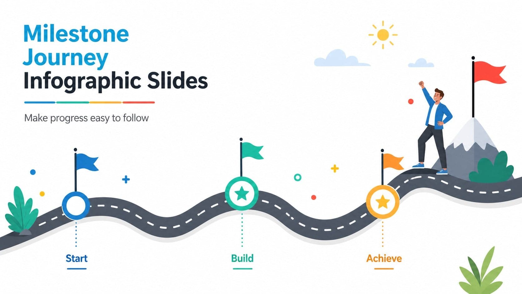 Colorful milestone journey infographic slides cover showing a curved progress path with labeled checkpoints.