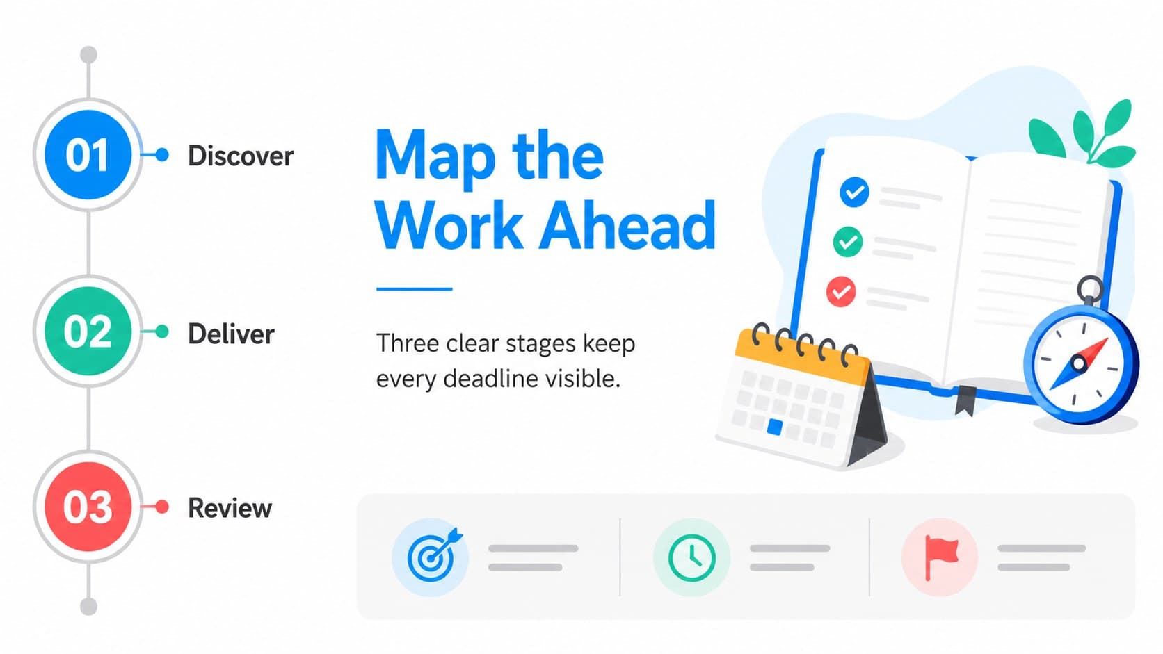 Project timeline presentation template slide organizing colorful phases and deadlines along a playful route.