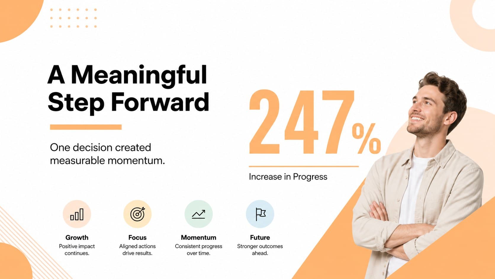 Achievement highlight slide featuring a prominent result and supporting milestone details.