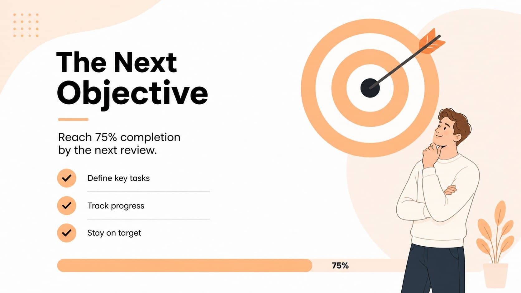 Goal tracking slide connecting current progress with the next measurable objective.