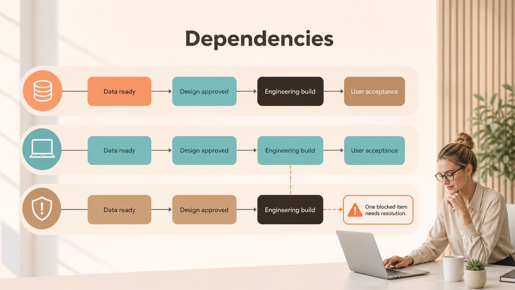 Dependencies slide illustrating how project tasks connect across a pastel roadmap layout.