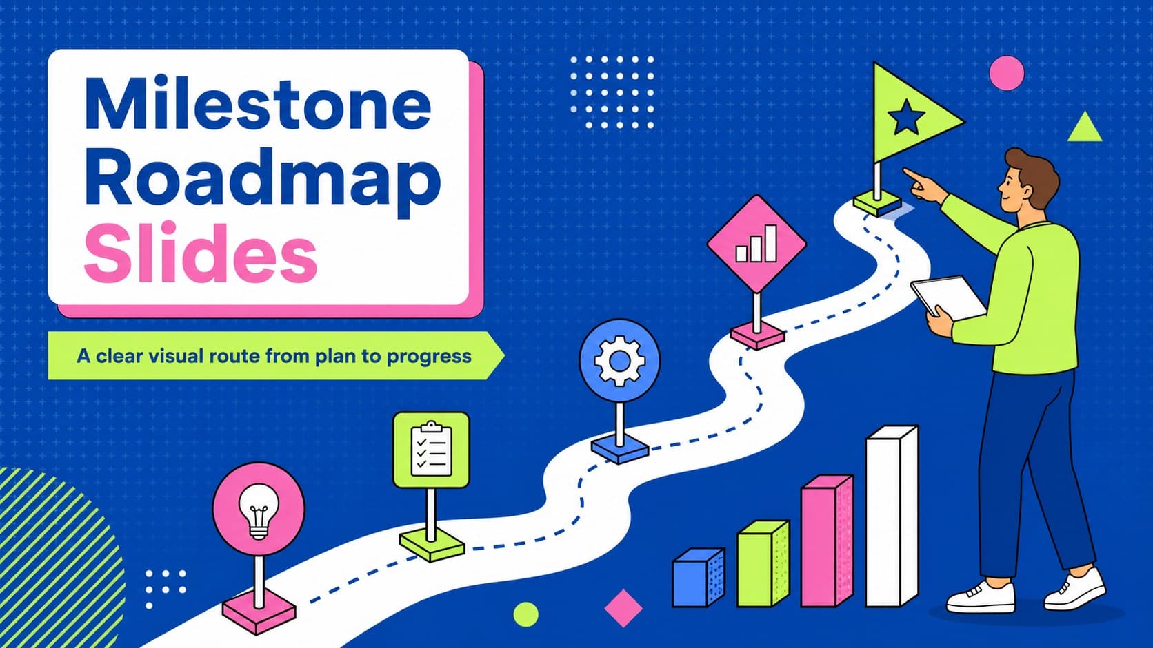 Cover slide introducing milestone roadmap slides with a colorful blue illustrated path.
