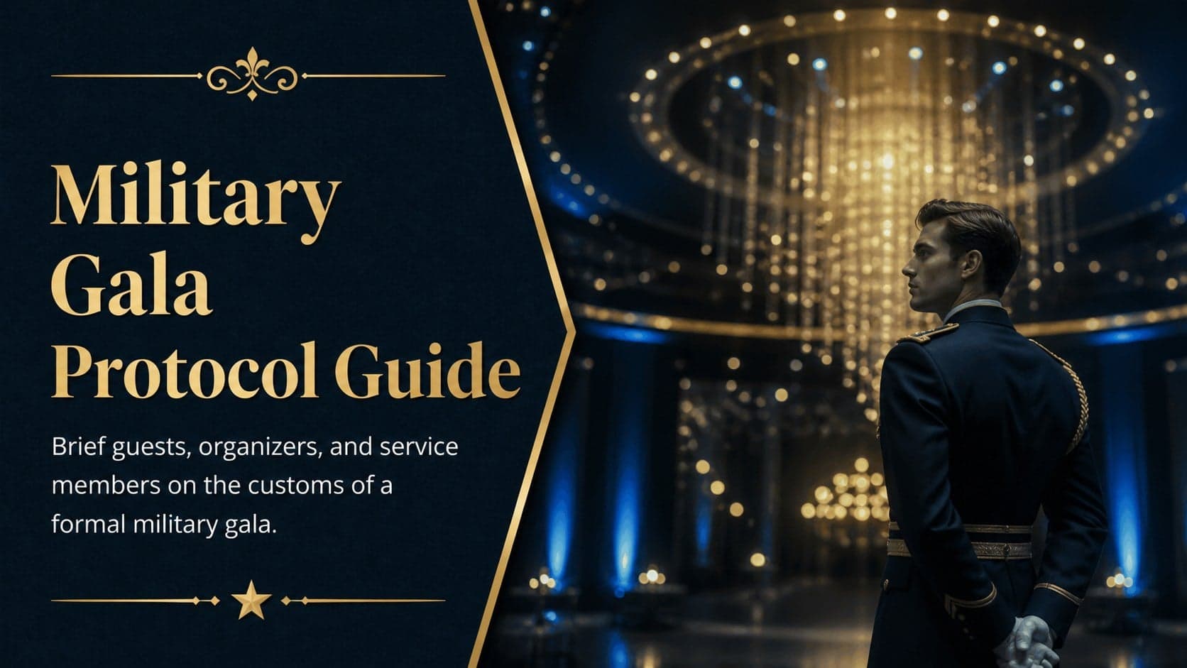 Cover of the Military Gala Protocol Guide with elegant blue and gold ceremonial styling.