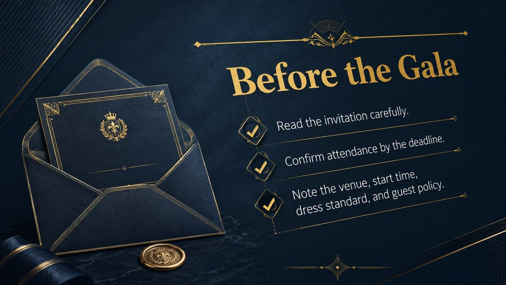 Formal service gala etiquette deck slide explaining invitations and RSVP responsibilities.