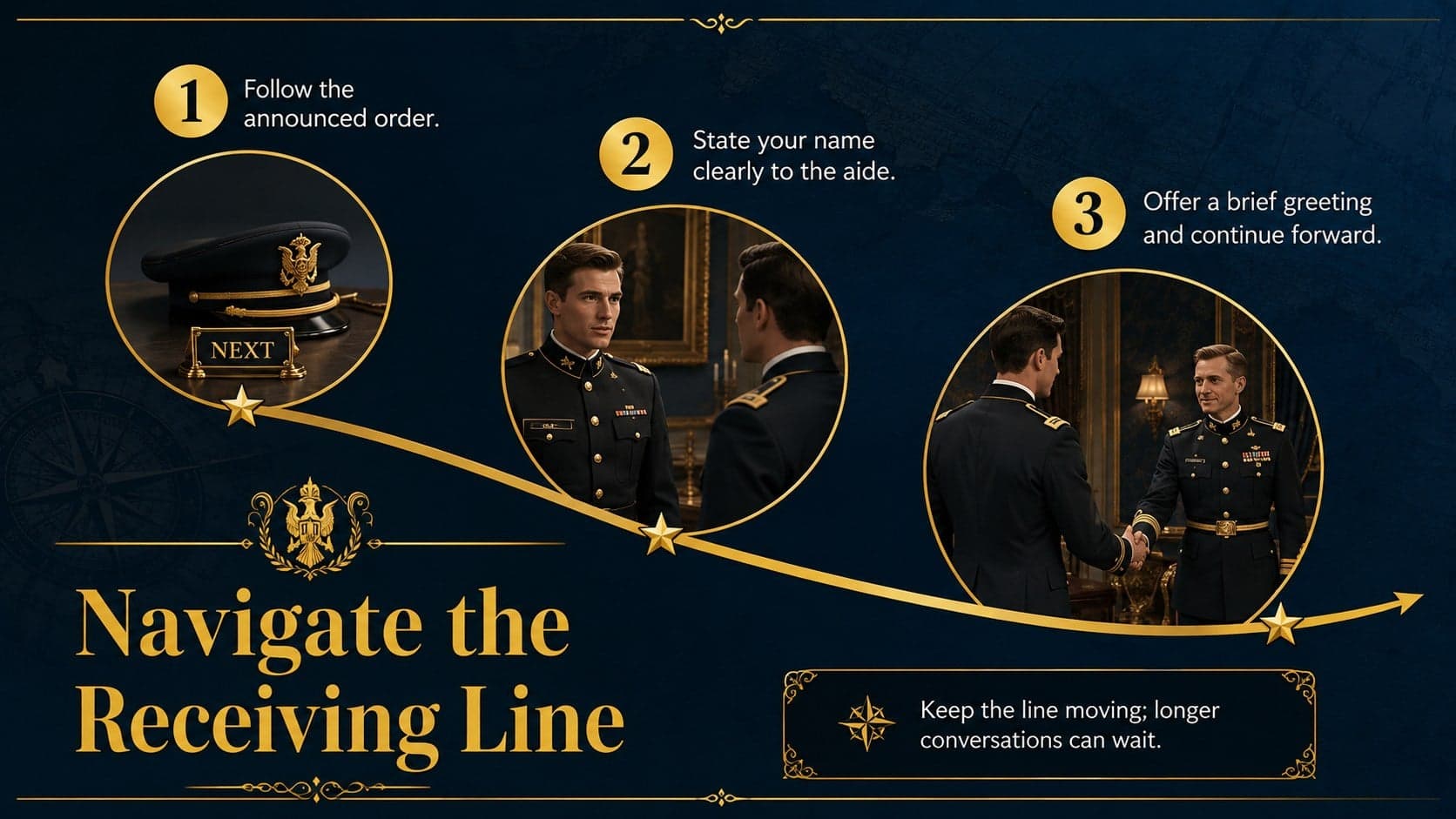 Receiving line etiquette slide for a formal military gala guest orientation.