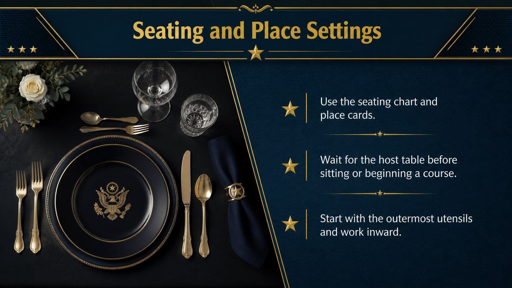 Service ball seating and dining guide with place-setting etiquette tips.
