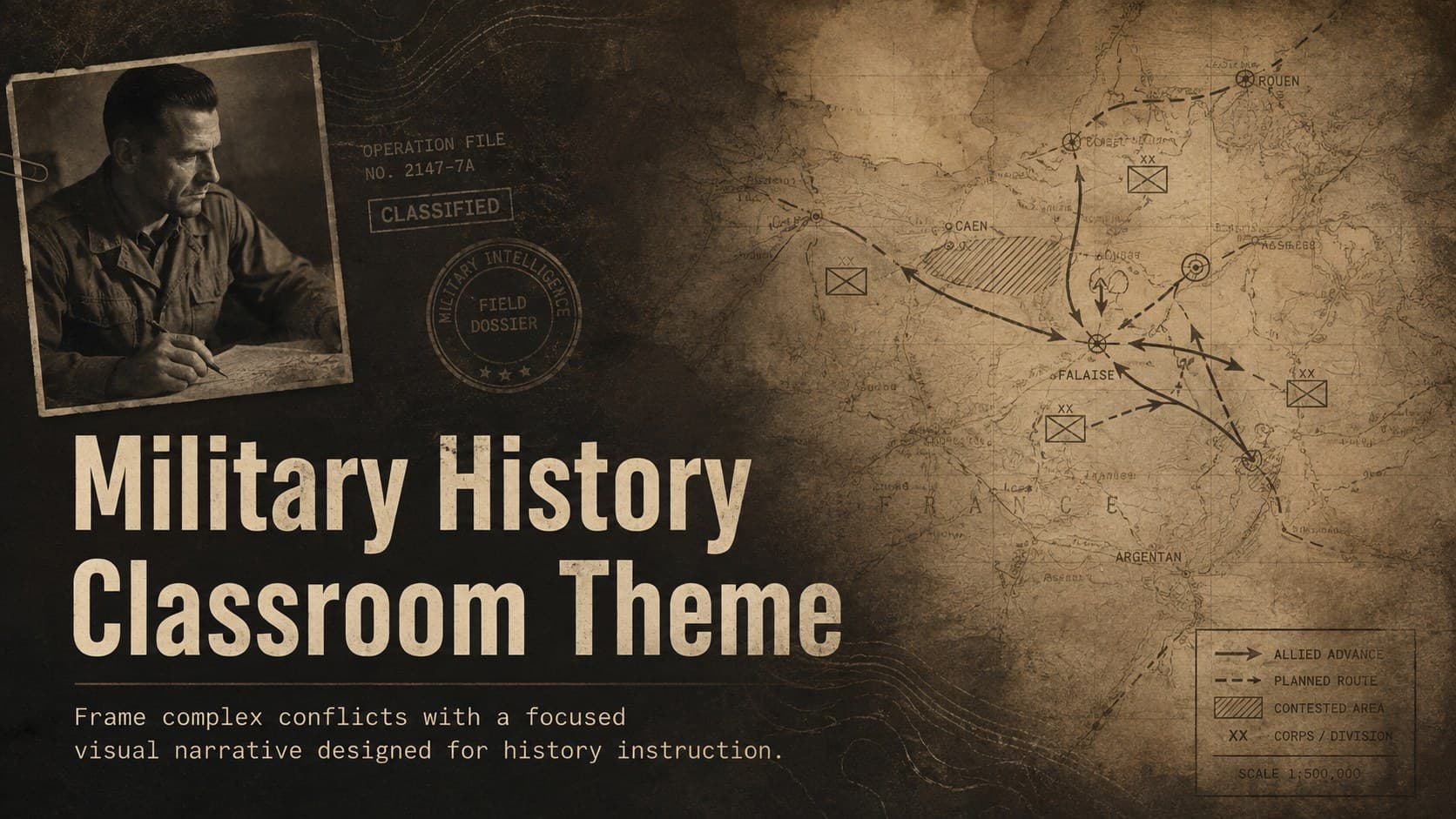 Cover of the Military History Classroom Theme with bold archival typography and a dark brown historical map treatment.