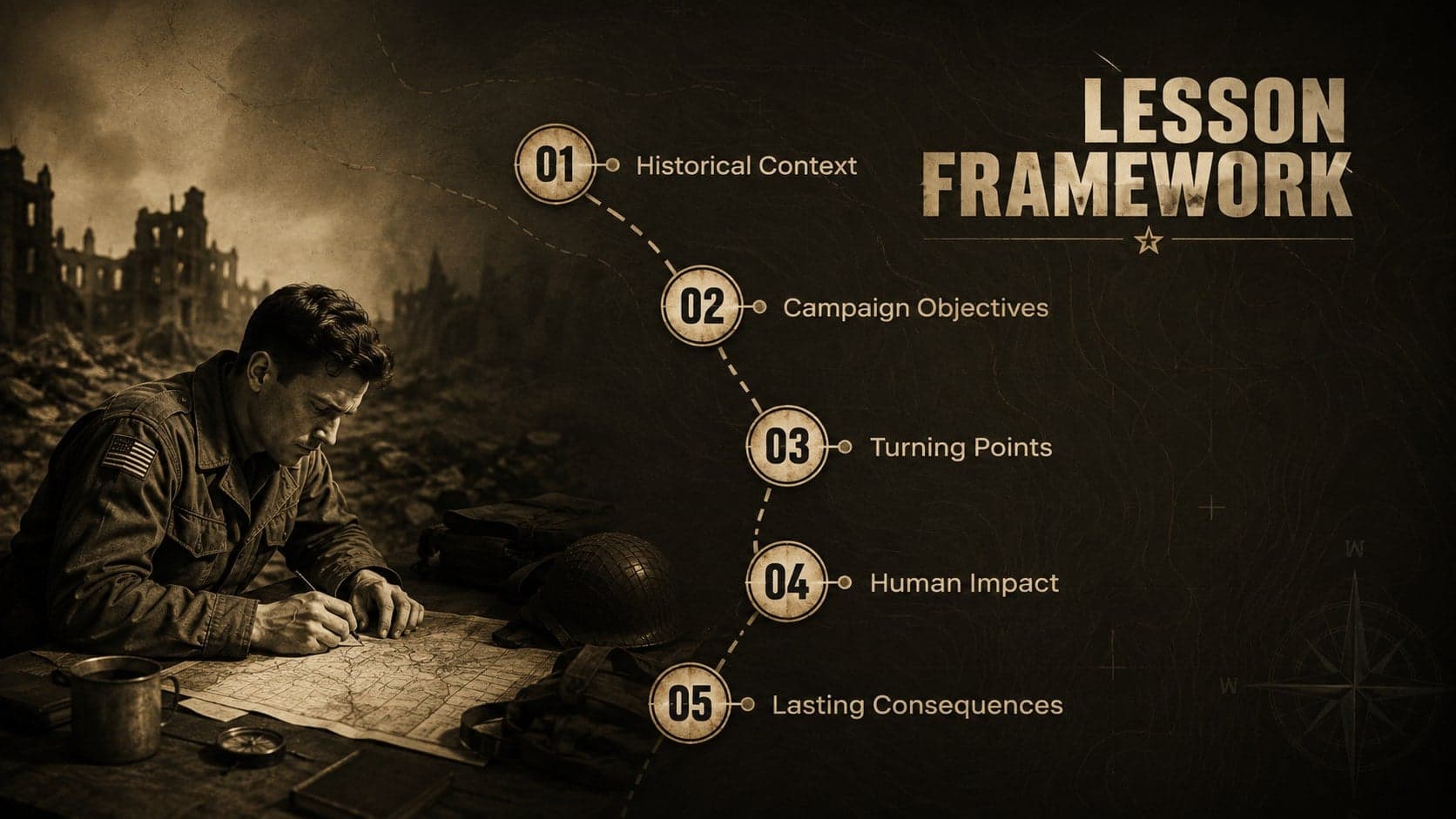 Military history lesson agenda slide presenting five stages of conflict analysis in a structured brown layout.