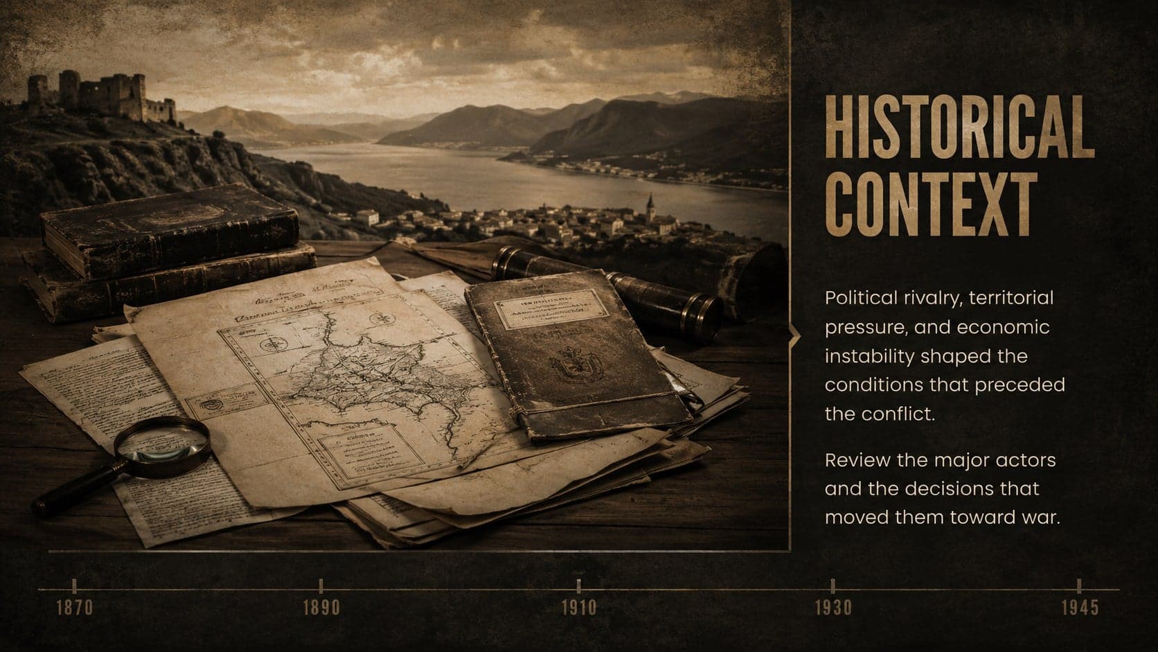Historical context slide from a military history classroom theme with an archival image area and concise background notes.